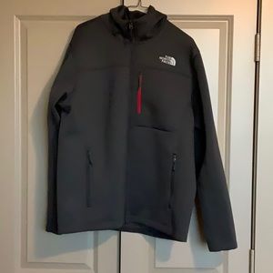 The NorthFace Men’s Hooded Softshell Jacket, Gray w/red trim. Size: L